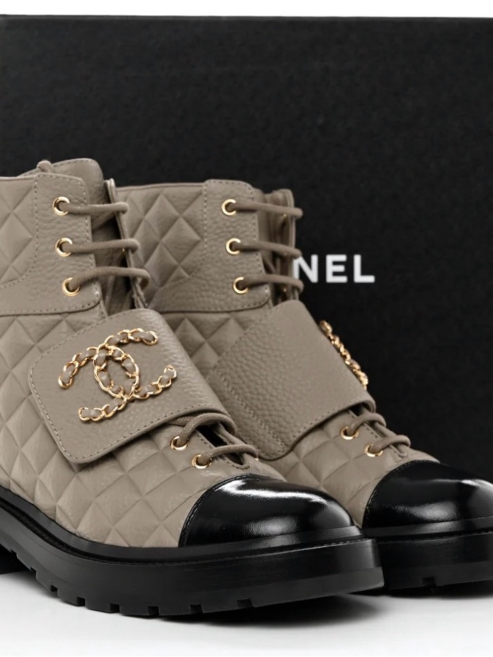 CHANEL Taupe Quilted Leather Combat Boots with Black Cap Toe & Gold Chain CC